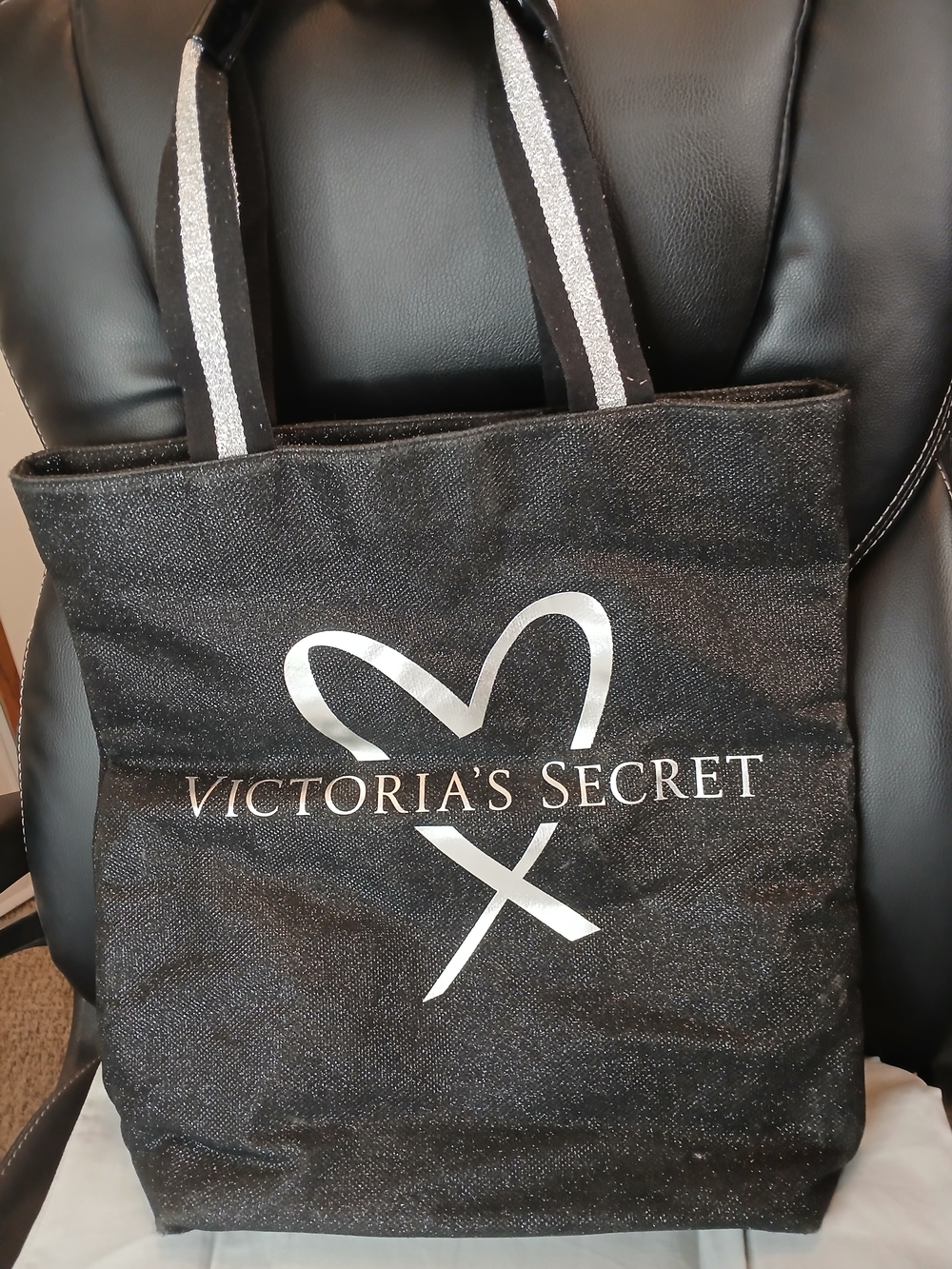 Victoria's Secret Black Glitter Tote with Silver Heart Logo
